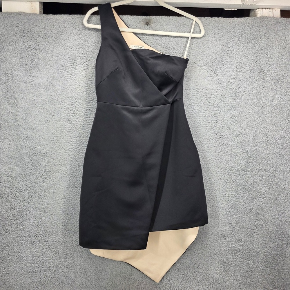 Halston Heritage Black One Shoulder Asymmetrical Wrap Mini Dress Size 2
